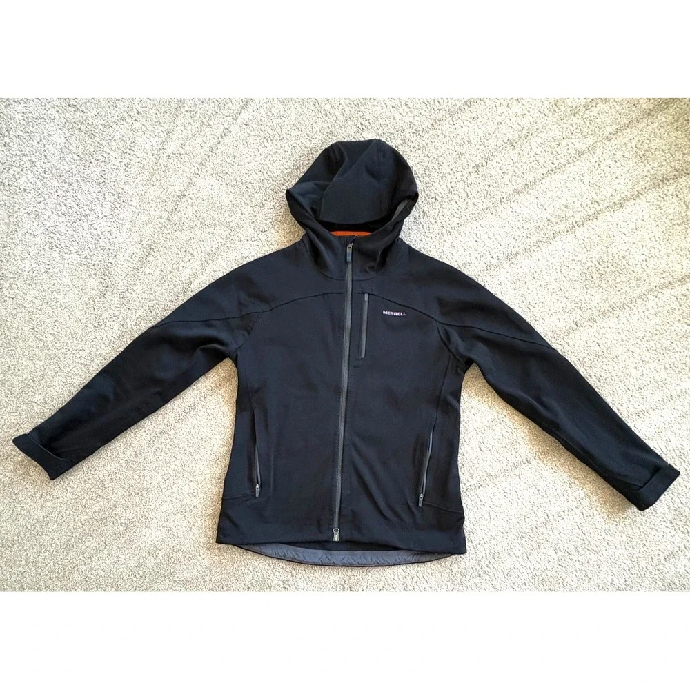 Merrell Softshell Hooded Jacket Womens Small Black Full Zip Fleece Lined Outdoor